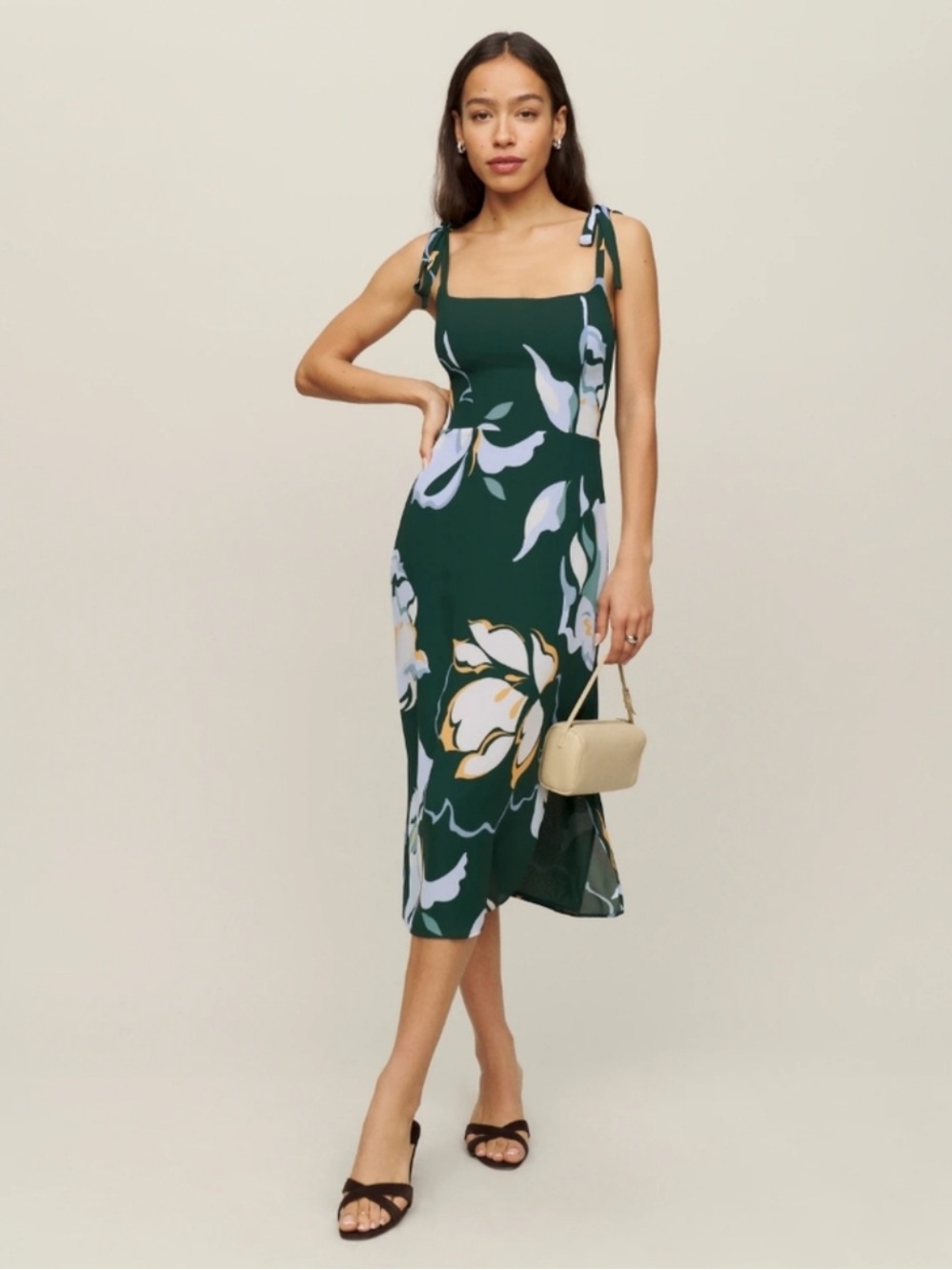Reformation Dark Green Floral Midi Dress with White & Yellow Print